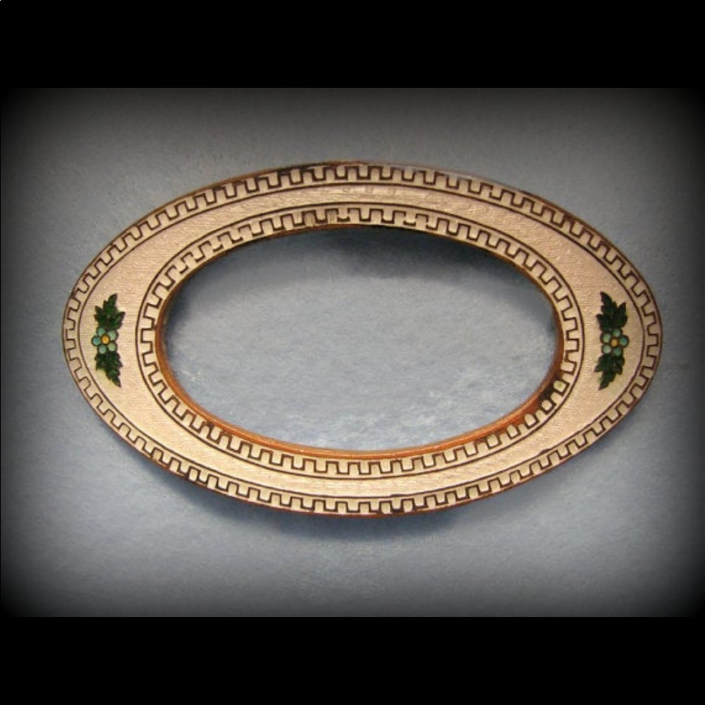 Vintage brass guilloche enamel sash pin with floral and sawtooth design